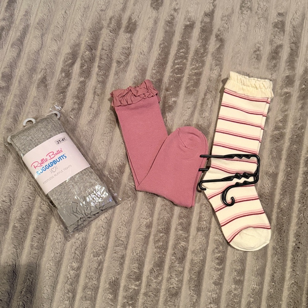 Ruffle Butts Toddler Knee High Socks Footless Tights Set 2T-4T Pink Grey Stripe